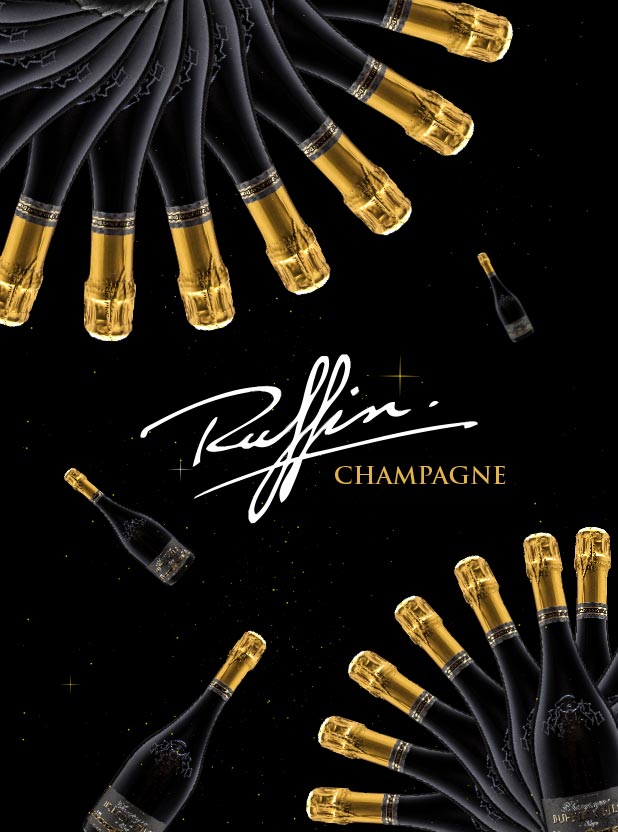 affiche pour les champagnes ruffin plusieurs bouteilles en ronds